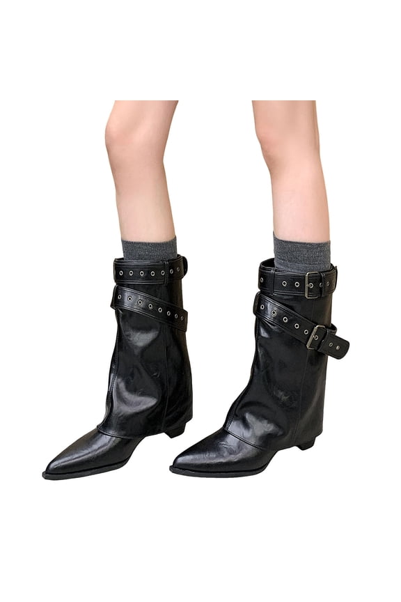 Women’s Fold Over Knee High Boots Classic Pointed Toe Block Low Heel Wide Calf Booties Fashion Rivet with Buckle Strap Black Size 8
