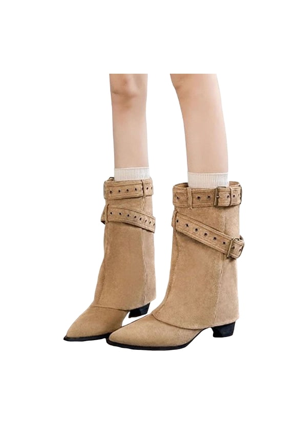 Women’s Fold Over Knee High Boots Classic Pointed Toe Block Low Heel Wide Calf Booties Fashion Rivet with Buckle Strap Brown Size 4.5