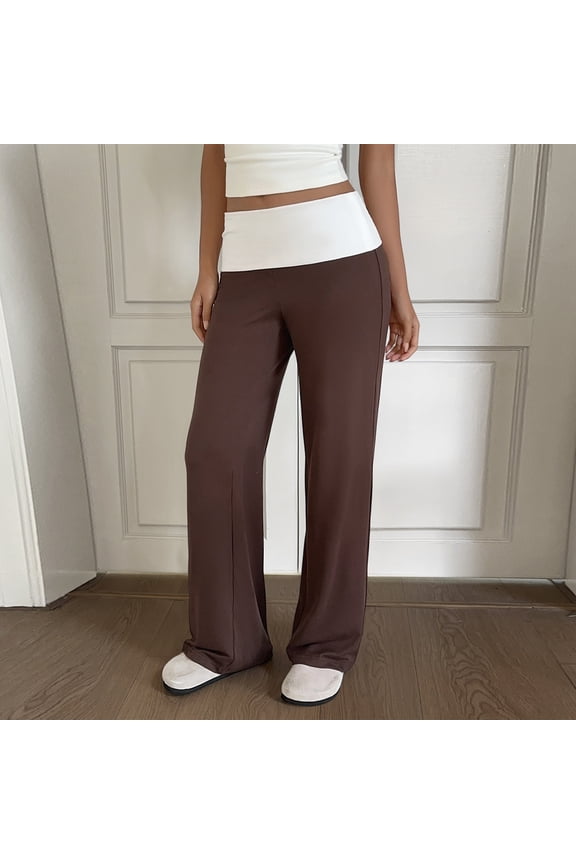 Women's Fold Over Lounge Pants Low Rise Wide Leg Yoga Sweatpants Stretchy Bell Bottoms Leggings Roll Over Pants Brown M