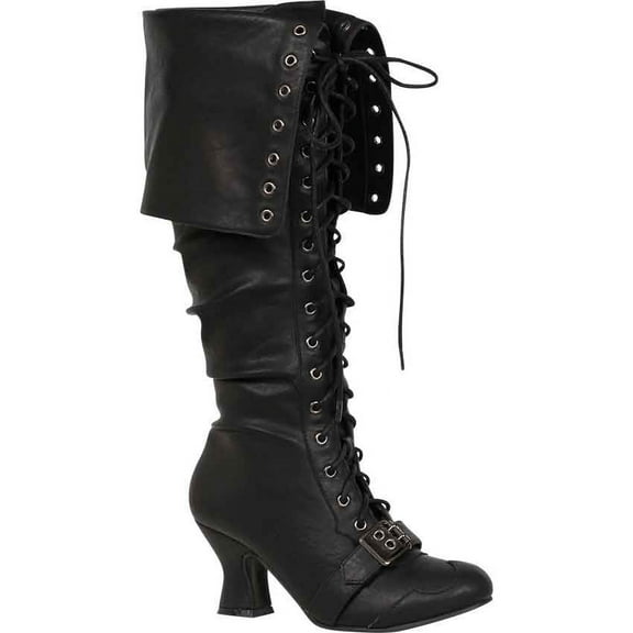 Women's Fold Over Tall Pirate Boots in Black, size: 6 | Leather by Medieval Collectibles
