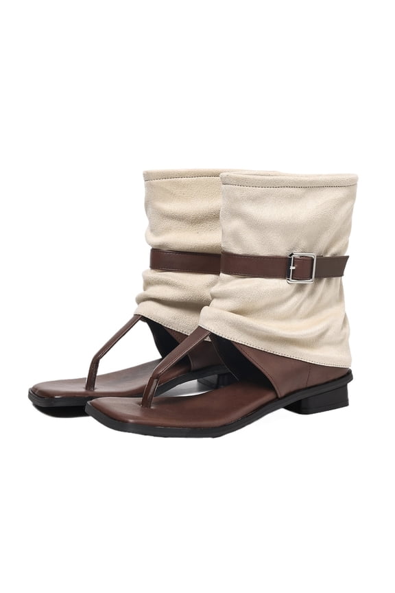 Women’s Fold Over Toe Ring Sandal Boots Buckle Strap Slouchy Flat Booties