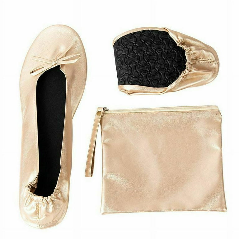 Women s Foldable Ballet Flats Roll up Shoes with Pouch Nude M US 7 8