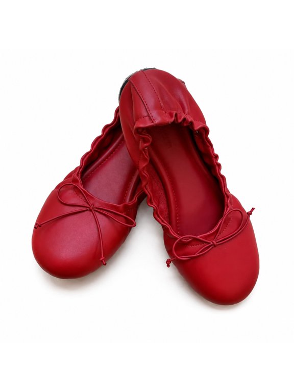 Women's Foldable Ballet Flats, Round Toe Bow Slip-On Shoes with Elastic Trim