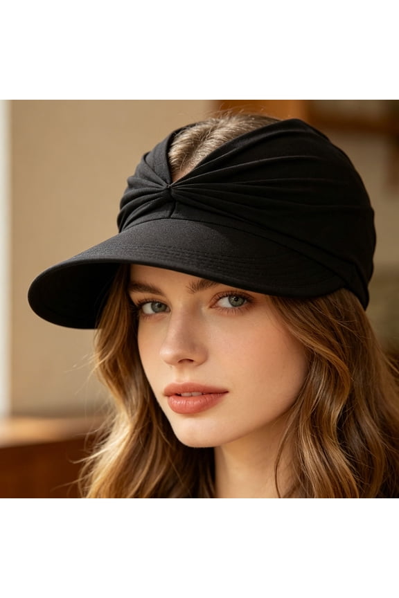 Women's Foldable Beach Sun Visor UPF 50+ Hollow Top Ponytail Friendly Wide Brim Summer Cap,Adjustable Lightweight Breathable Packable Beach Hat for Golf,Running,Outdoor Sports&Travel(Black)
