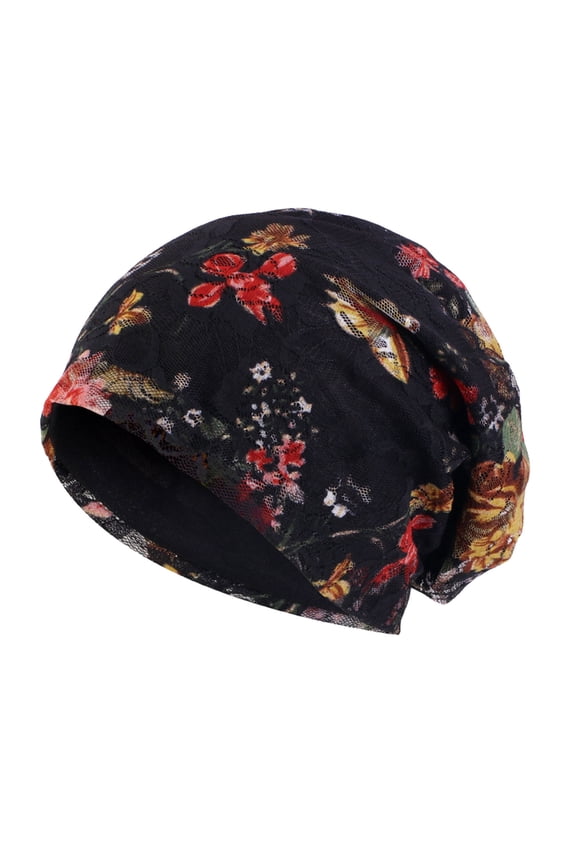 Women's Foldable Mesh Slouchy Hat Handmade Floral Lace Print Chemotherapy Hair Loss Caps for Cold Weather