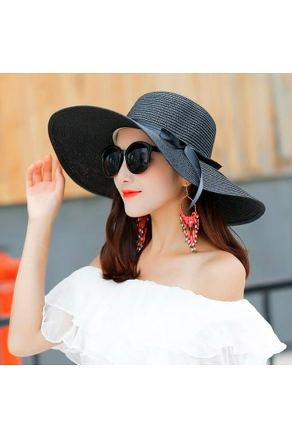 Women's Foldable Straw Sun Hat - Upf 50+ Wide Brim Beach Hat with Adjustable Bow for Vacation & Poolside Under 5$, Yubnlvae Women Big Brim Straw Hat Sun Floppy Wide Brim , Black, One Size