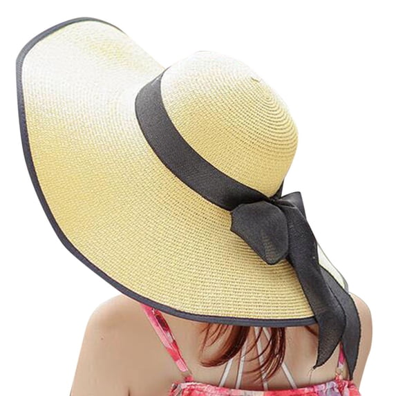 Women's Foldable Straw Sun Hat Wide Brim Beach Hat with Bow Detail