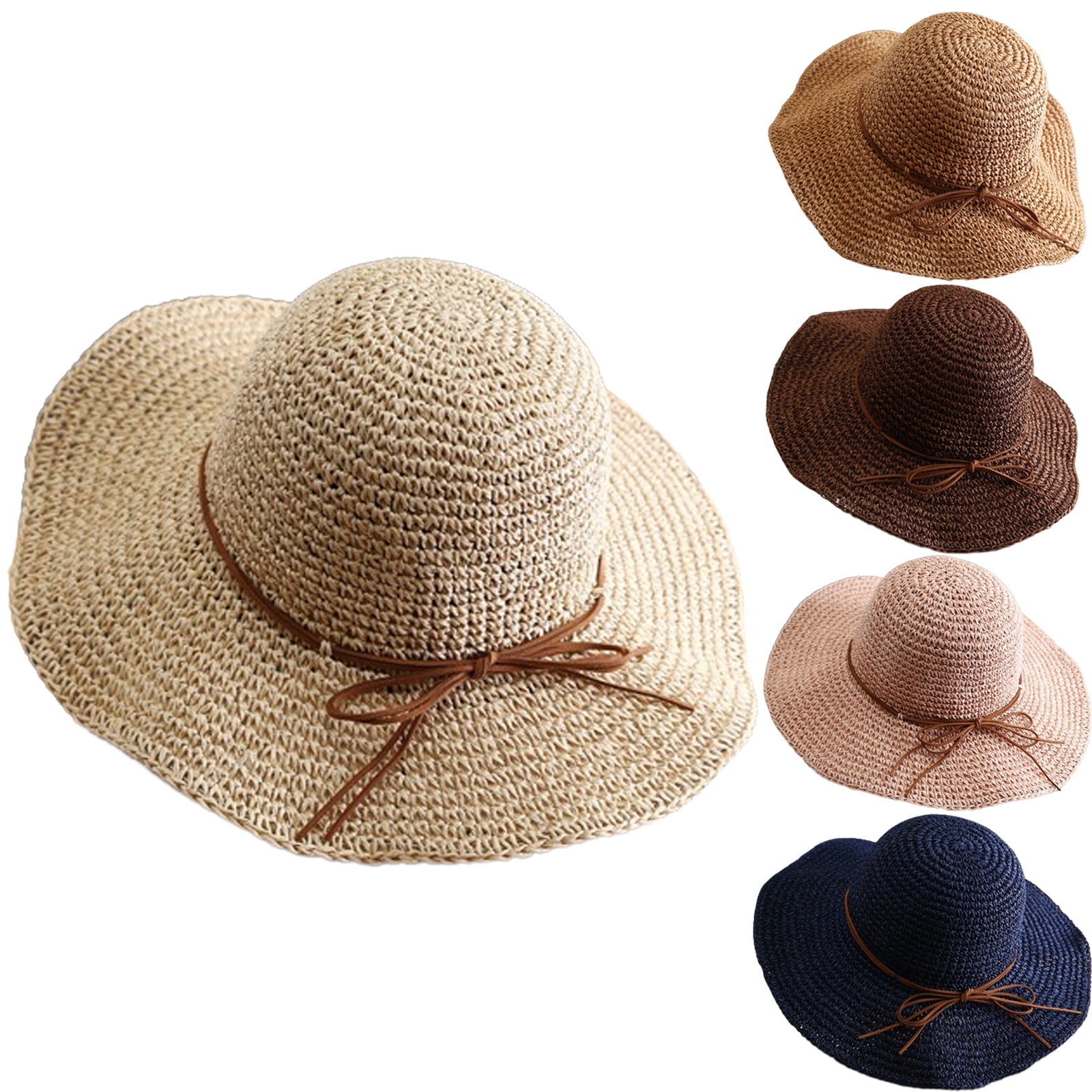 Women's Foldable Straw Sun Hat Wide Brim Crochet Summer Floppy Beach Hat Pink
