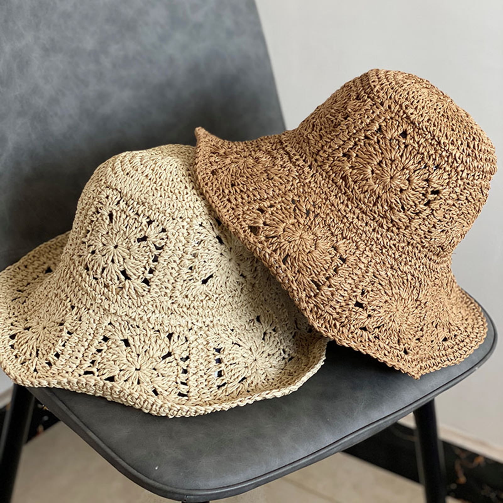 Crochet Straw Sun Hat Foldable Wide Brim UPF 50+ Outdoor Rainbow-Straw-Bucket-Hats-For-  main image 3