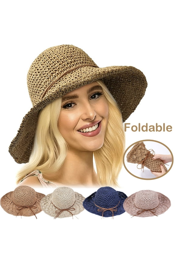 Women's Foldable Straw Sun Hat Wide Brim UPF 50+ Crochet Summer Floppy Beach Hat