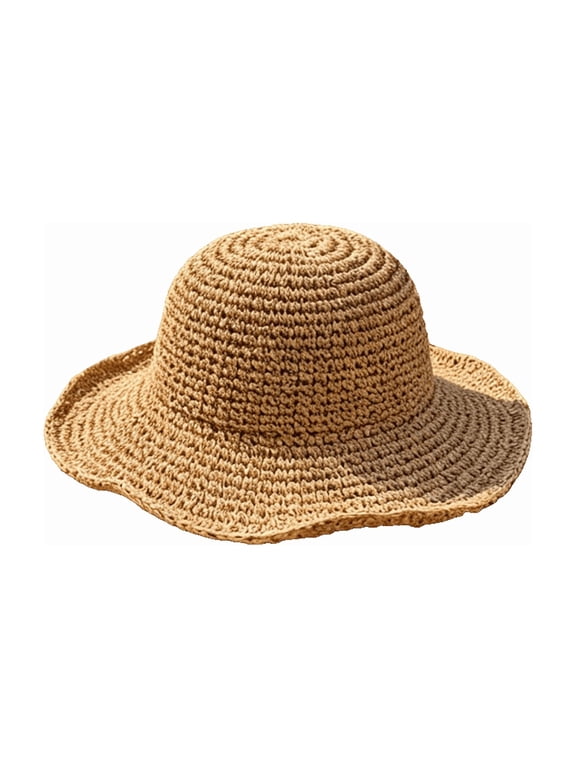 Women's Foldable Wide‑Brim Crochet Straw Sun Hat for Summer Beach Outdoor Activities