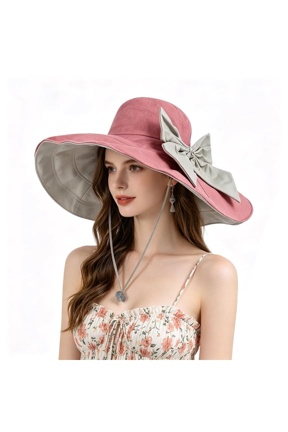Women's Foldable Wide Brim Sun Hat, Reversible Bucket Hat with Bowknot, UPF 50+ UV Protection for Beach Travel