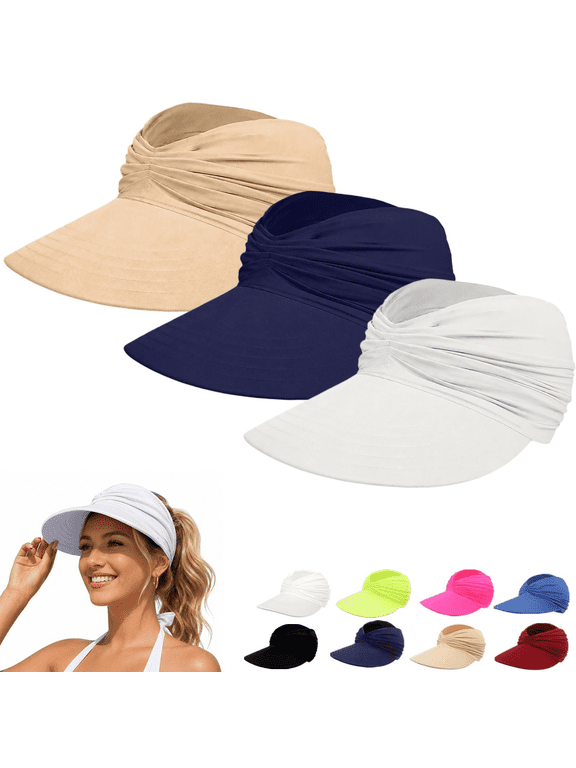 Women's Foldable Wide Brim Sun Visor Hat Lightweight 50+ UPF Ponytail Cap