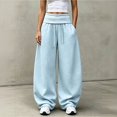thumbnail image 1 of Women's Foldover Waist Sweatpants Loose Fit Casual Bottoms Solid Color Drawstring Wide Leg Trousers With Side Pockets, 1 of 6