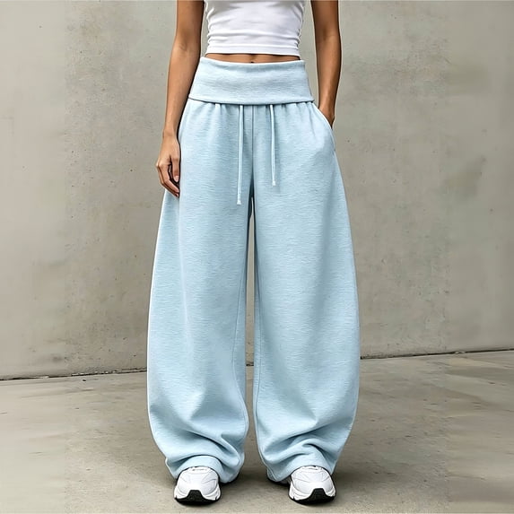 Women's Foldover Waist Sweatpants Loose Fit Casual Bottoms Solid Color Drawstring Wide Leg Trousers With Side Pockets