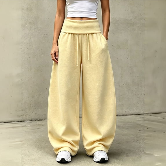 Women's Foldover Waist Sweatpants Loose Fit Casual Bottoms Solid Color Drawstring Wide Leg Trousers With Side Pockets