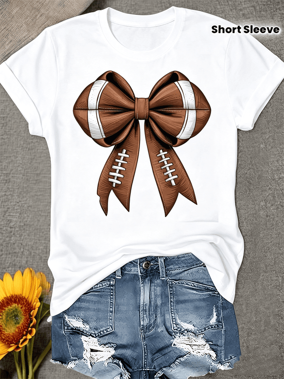 Women's Football Coquette Bow Graphic T‑Shirt Cute Game Day Short Sleeve Fall Casual Tee Top
