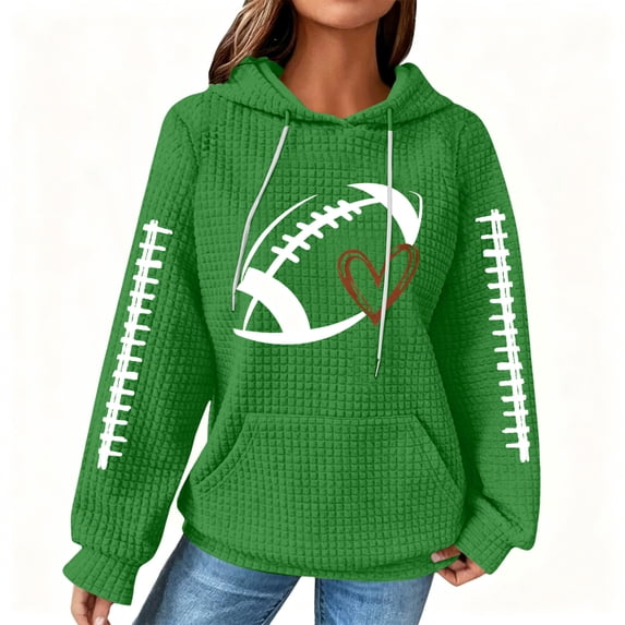 Women's Football Graphic Hoodie, Long Sleeve Waffle Knit Pullover Sweatshirt with Kangaroo Pocket Casual Sports Style Top