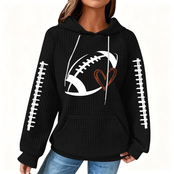 Women's Football Graphic Hoodie, Long Sleeve Waffle Knit Pullover Sweatshirt with Kangaroo Pocket Casual Sports Style Top