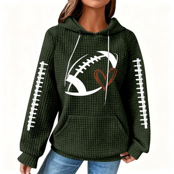 Women's Football Graphic Hoodie, Long Sleeve Waffle Knit Pullover Sweatshirt with Kangaroo Pocket Casual Sports Style Top