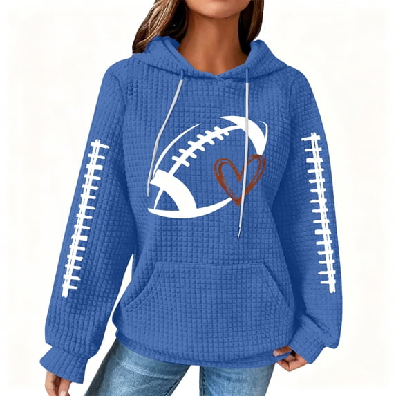 Women's Football Graphic Hoodie, Long Sleeve Waffle Knit Pullover Sweatshirt with Kangaroo Pocket Casual Sports Style Top
