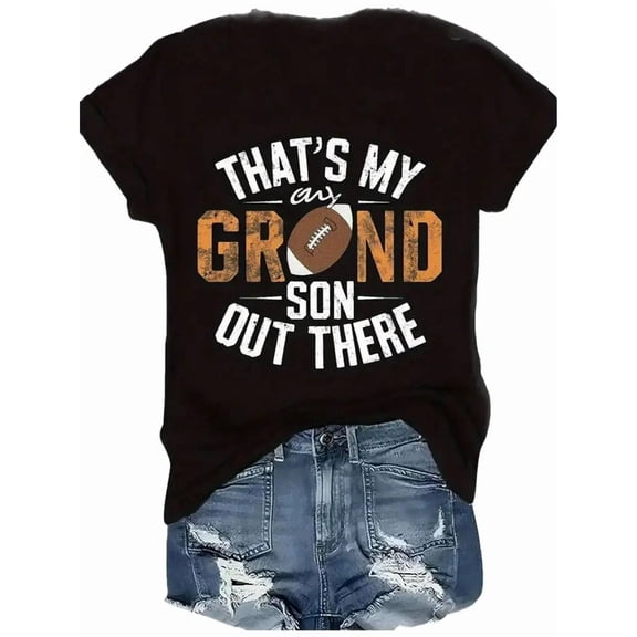 Women's Football Graphic Print T-Shirt, Black Stretch Crew Neck Top