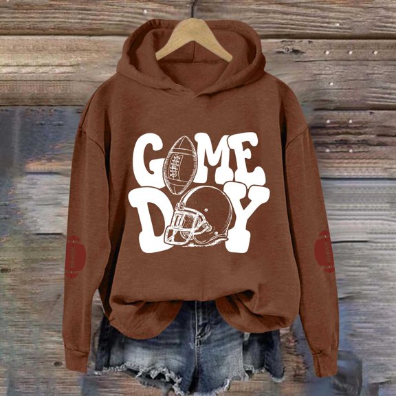 Women's Football Long Sleeve Hoodies Crew Neck Rugby Graphic Printed Hooded Sweatshirt Loose Fit Tops Fall Y2K Pullover Shirt