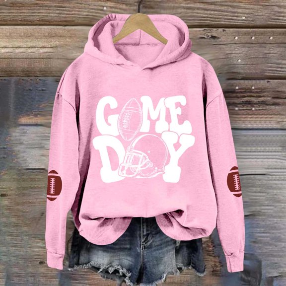 Women's Football Long Sleeve Hoodies Crew Neck Rugby Graphic Printed Hooded Sweatshirt Loose Fit Tops Fall Y2K Pullover Shirt