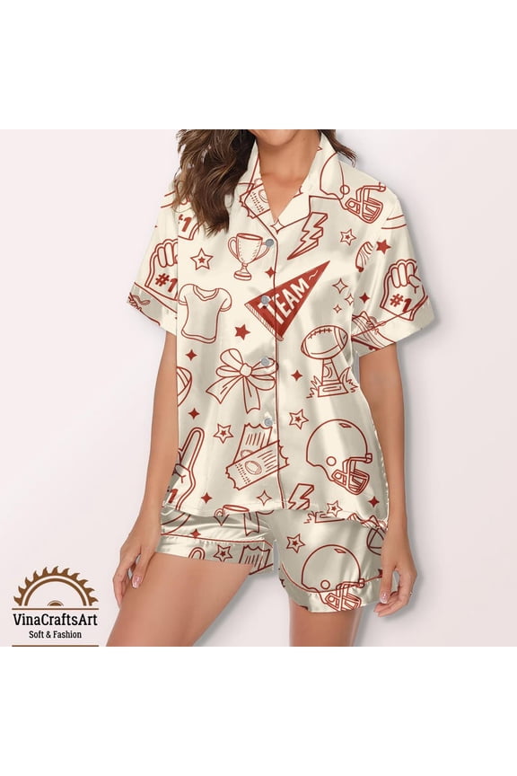 Women’s Football Lover Satin Pajama Set, Game Day Sporty Sleepwear, Cute Team Spirit Lounge Pajamas Gift for Fans