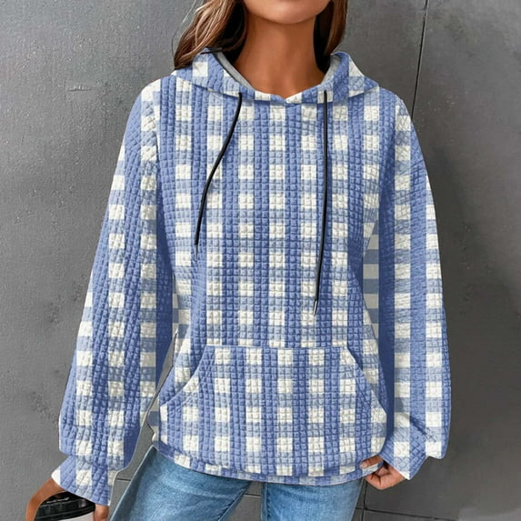 Women's Football Lover Waffle Hoodie,Womens 2023 Plaid Print Waffle Weave Hoodie Winter Fall Pocket Long Sleeves Sweatershirt,Women's Waffle Hoodies for Women Plaid