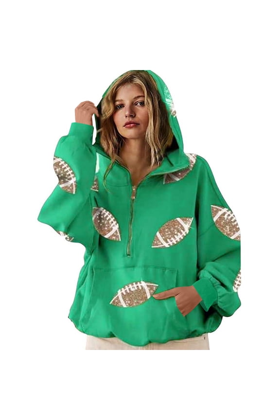 Women's Football Sequin Hoodie Half Zip Up Long Sleeve Rugby Patches Game Day Hooded Sweatshirt