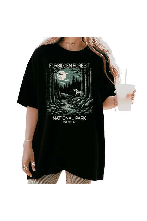 Women's Forbidden Forest National Park Unicorn Graphic T Shirt Fantasy Magic Forest Print Casual Short Sleeve Round Neck Top Black S-5XL