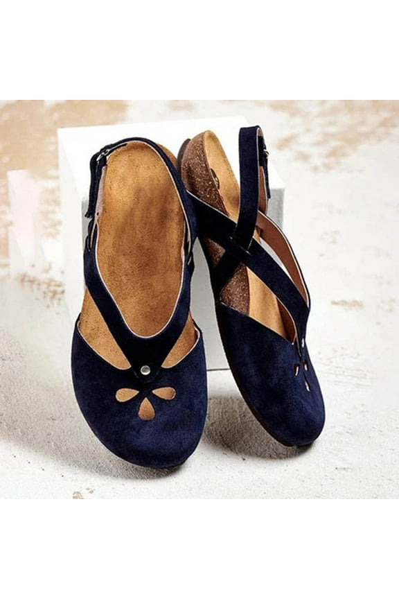 Women's Foreign Trade Plus-size Fashion Retro Empty One Line Buckle Flat Sandals Summer Sandals for Women Black 36