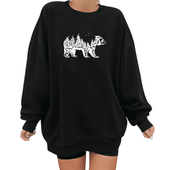 Women's Forest-Infused Bear Graphic Comfortable Sweatshirt Top Casual Round-neck long-sleeved Black S-3XL