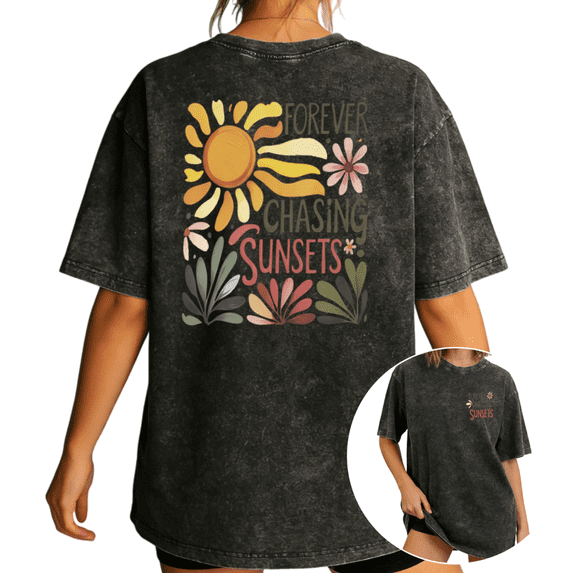 Women's Forever Chasing Sunsets Boho Sun Flower Graphic Breathable Short Sleeve Washed Tee Black S-2XL Plus Size