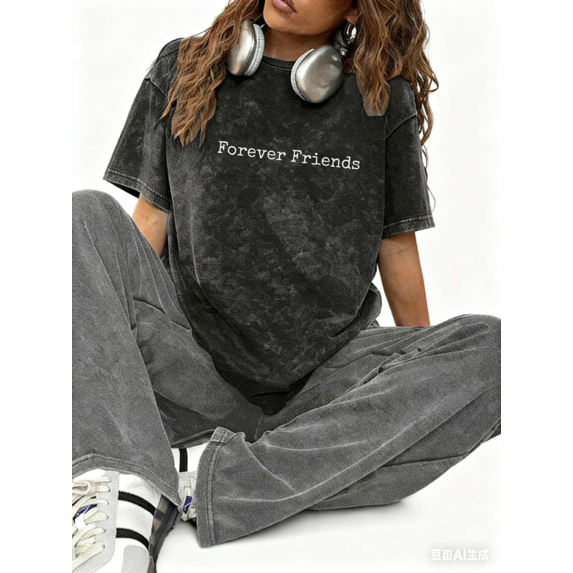 Women's "Forever Friends Minimalist Graphic" Comfortable Washed T Shirt Casual Breathable Black S-2XL Plus Size