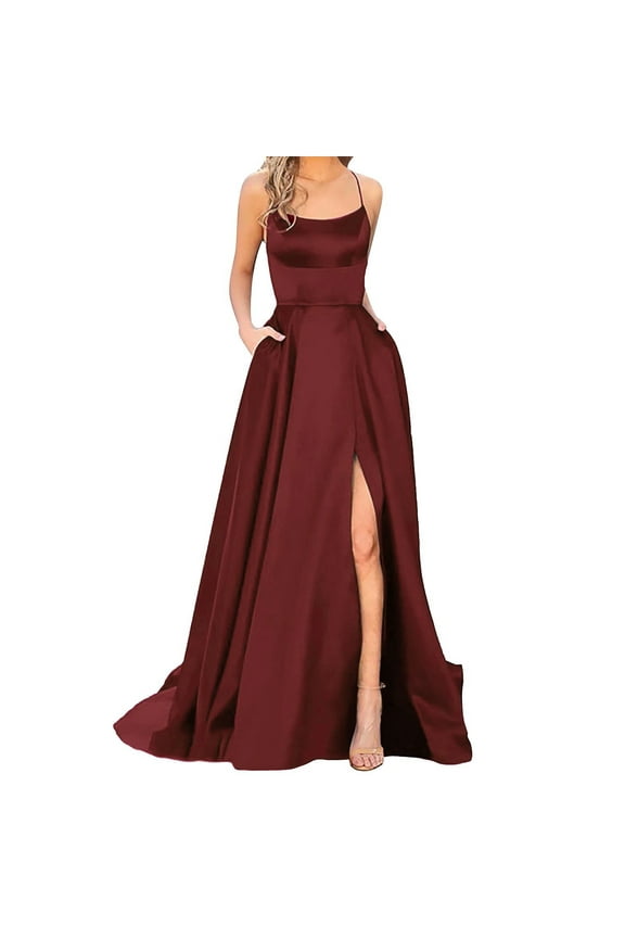 Women's Formal Dress Prom Dresses Ladies Long Women Elegant Backless Long DressesCrisn Satin Spaghetti Party Prom Dress Side Slit Wedding Evening Party Dress With Pockets