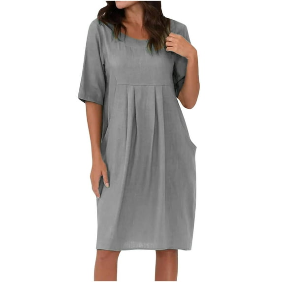 Women's Formal Dresses Clearance Short Sleeve Round-Neck Dress Solid Color Pocket Spring Wedding Guest Dress Cotton linen Crew neck Party Calf Length dress,Gray,L