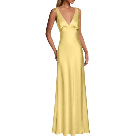 Women's Formal Dresses Plunge V Neck Sleeveless Maxi Dress Summer Prom Wedding Guest Evening Dress Yellow M