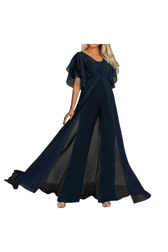 Women's Formal Elegant Jumpsuit Mesh Overlay Patchwork - V Neck Sleeveless Wide Leg Romper, High Waist Design, S-XXXL Sizes for Party/Wedding