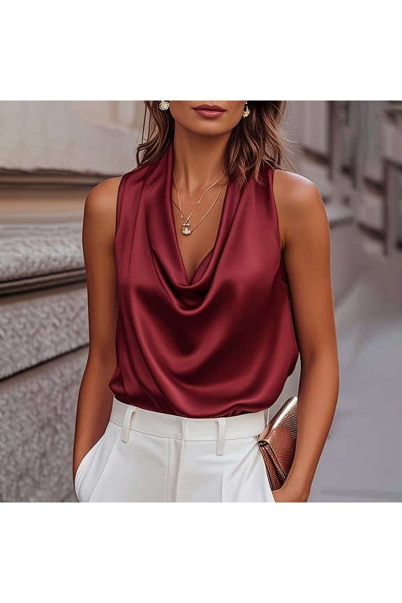 Women's Formal Evening Satin Tank Tops, Cowl Drape Neck Sleeveless Luxury Silk Camisoles Date Night Party Business Office Casual Outfits, Wine M