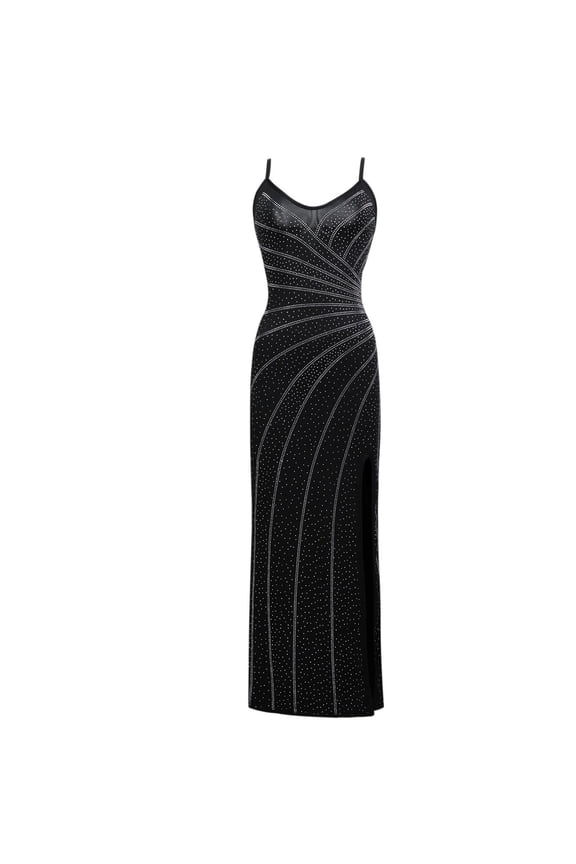 Women's Formal Fitted Slit Bodycon Maxi Dress Spaghetti Strap Rhinestone-Embellished Dress Cocktail Prom Evening Gown
