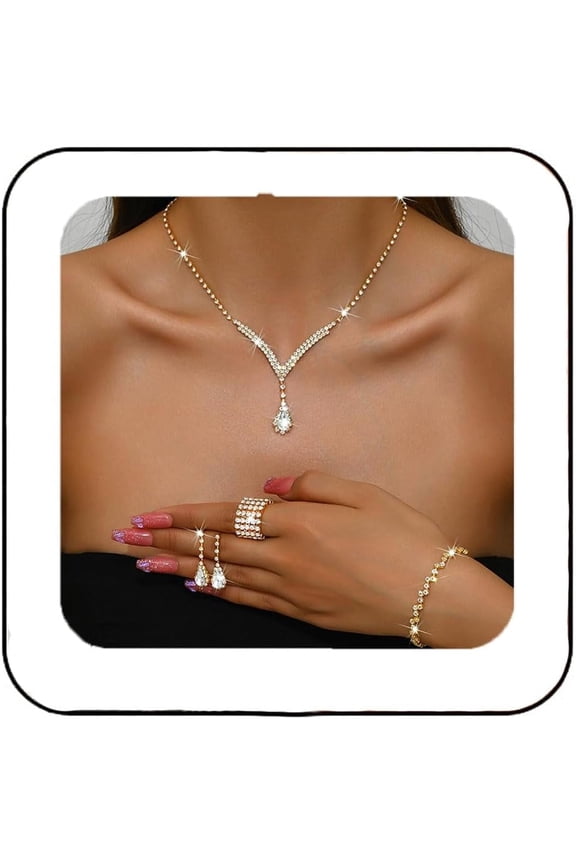 Women’s Formal Jewelry Set | Silver/Gold/Black Rhinestone 2-Piece (Necklace + Earrings) or 4-Piece (Necklace + Earrings + Ring + Bracelet) for Weddings & Proms