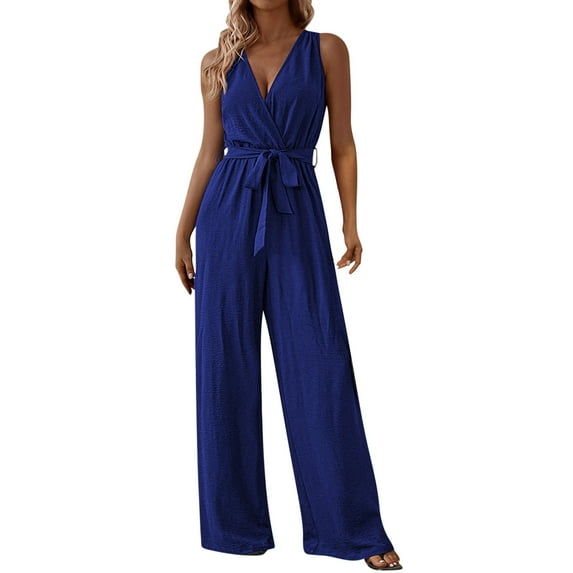 Women's Formal Jumpsuits, Belted Wide Leg Jumpsuit, Summer Sleeveless Wrap V-Neck Long Romper Beach Vacation One-Piece Summer Outfits Fashion Overalls New Blue L