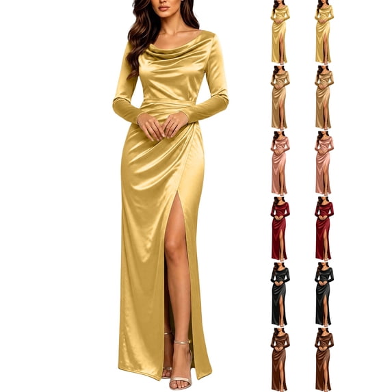 Slit Microchanels Women's Formal Long Sleeve Satin Maxi Dress Bodycon Side Slit,Solid ...