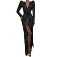 thumbnail image 1 of Women's Formal Party Maxi Dress V Neck Padded Shoulder Long Sleeve Bodycon Sequin Gown Evening Dress with Slit, 1 of 5