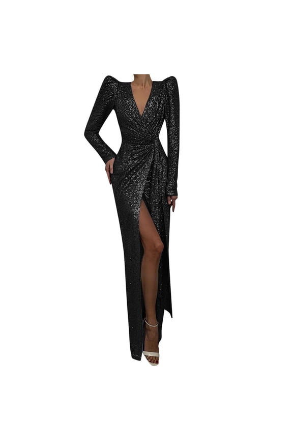 Women's Formal Party Maxi Dress V Neck Padded Shoulder Long Sleeve Bodycon Sequin Gown Evening Dress with Slit