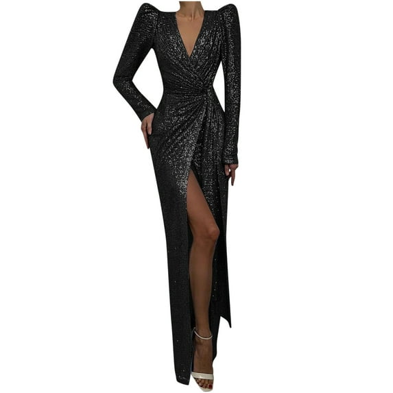 Women's Formal Party Maxi Dress V Neck Padded Shoulder Long Sleeve Bodycon Sequin Gown Evening Dress with Slit