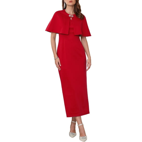 INSPIRE CHIC Women's Formal Sheath Dress Sets 2025 2pc Elegant Cocktail Wedding Guest Dresses with Cape S Red