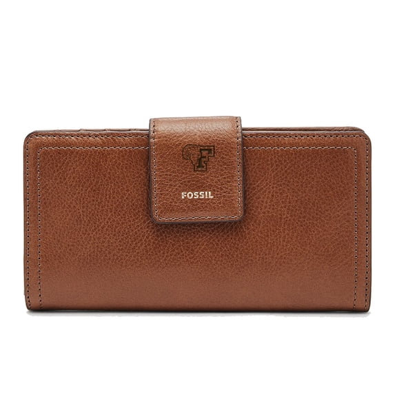 Women's Fossil Brown Fordham Rams Leather Logan RFID Tab Clutch